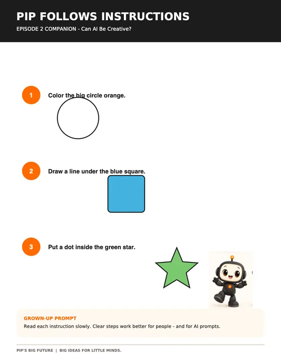 The Pip Follows Instructions activity sheet.