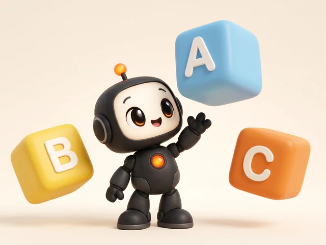 Pip reaching up towards floating alphabet blocks marked A, B and C.