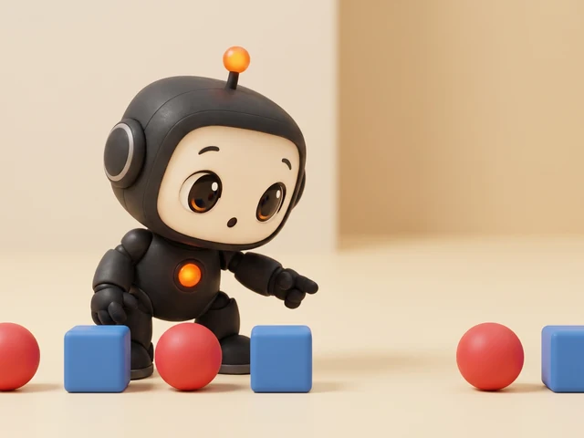 Pip crouching beside a line of red balls and blue cubes, pointing at where the next one goes.