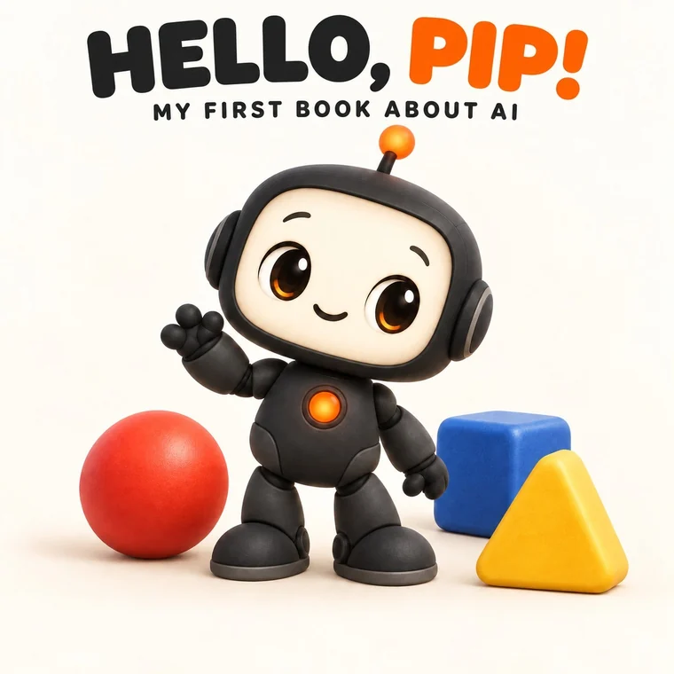 Cover of Hello, Pip! My First Book About AI, showing Pip waving beside a red ball, a blue cube and a yellow triangle.